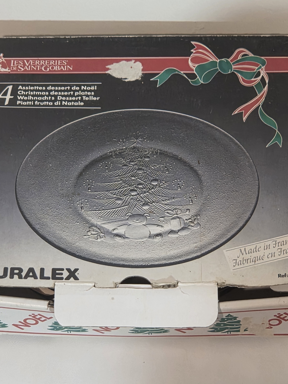 NEW 4 Duralex Glass Noel Christmas Tree Plates 8” Luncheon Dessert Salad VTG Box